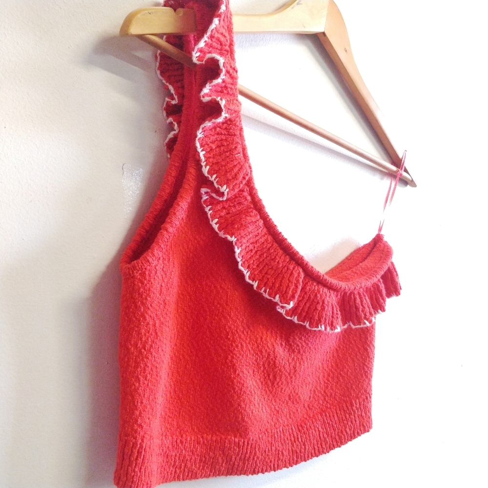 NEW Urban Outfitters Orange Molly Ruffle One Shoulder Crop L - Picture 4 of 9